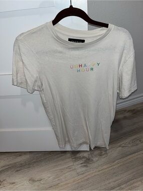 PacSun White Tee with Multicolor 'UNHAPPY HOUR' Embroidery